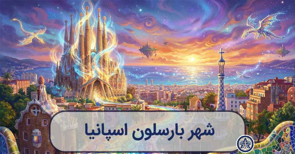 تصویرسازی هنری و جادویی از خط افق بارسلون با ساگرادا فامیلیا و المان‌های گائودی