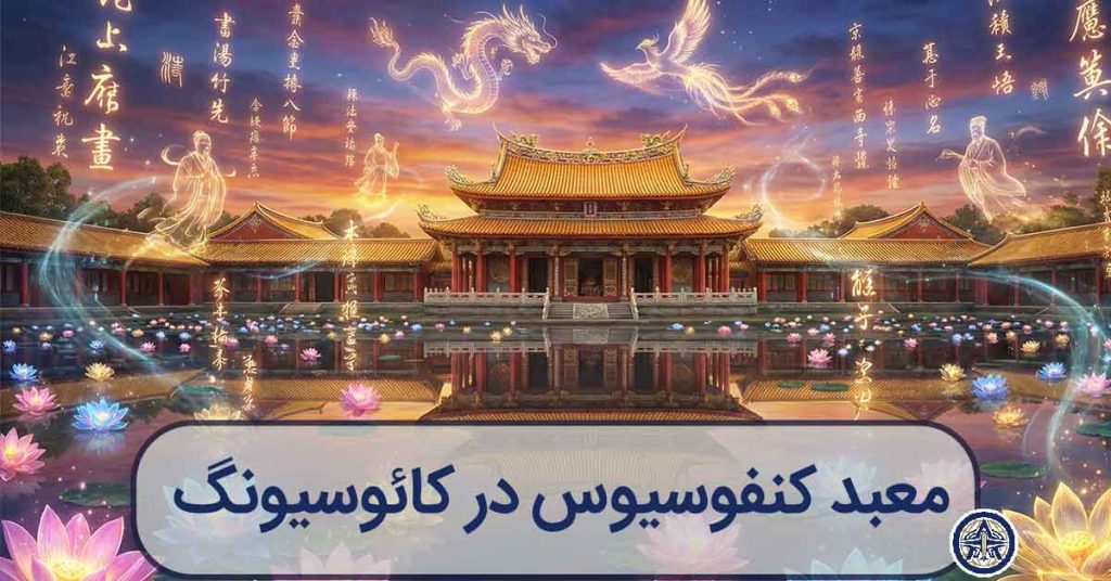تصویرسازی هنری و جادویی از معبد کنفوسیوس کائوسیونگ با انعکاس در دریاچه نیلوفر و فانوس‌های درخشان