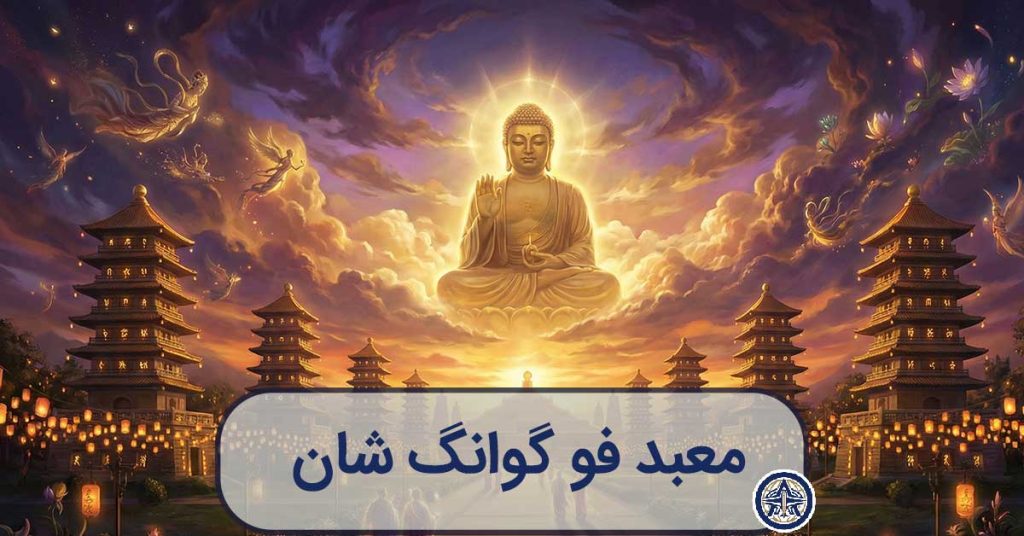 تصویرسازی هنری و جادویی از مجسمه بزرگ بودا در فو گوانگ شان با هشت پاگودای درخشان در غروب