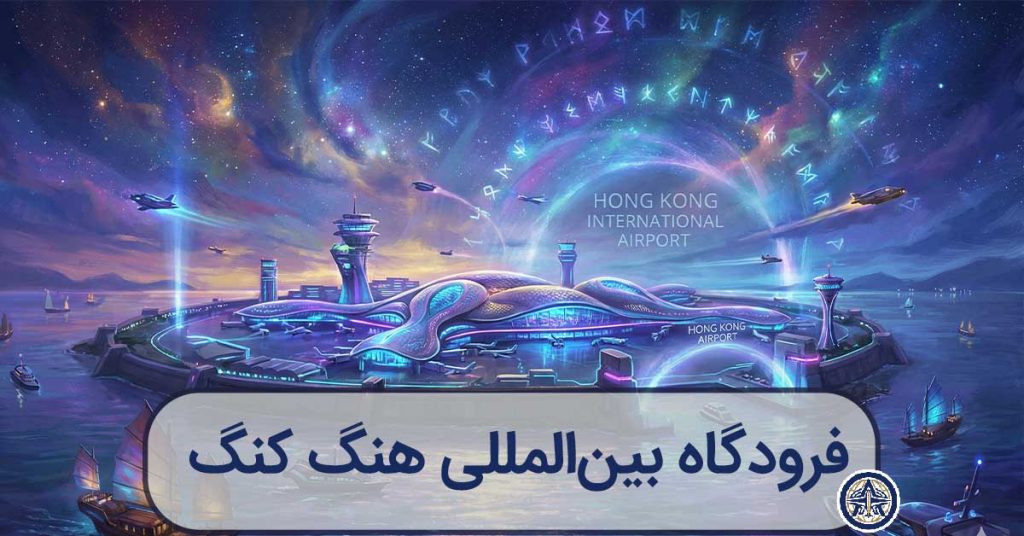 تصویرسازی هنری و آینده‌نگرانه از فرودگاه هنگ کنگ در جزیره مصنوعی با هواپیماهای مدرن و نورپردازی نئونی