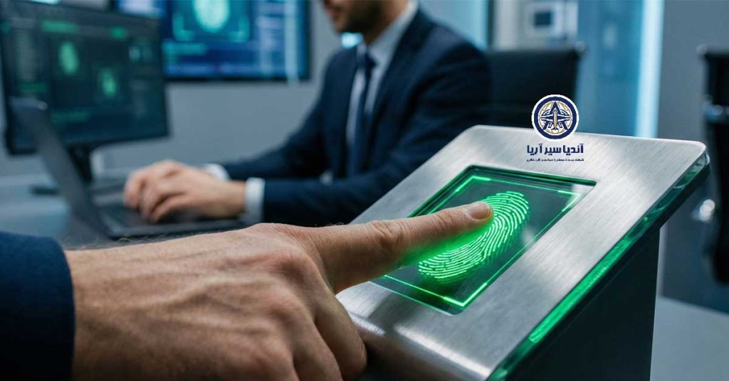 دستگاه اسکنر اثر انگشت بیومتریک با نور سبز در حال ثبت اطلاعات متقاضی ویزا