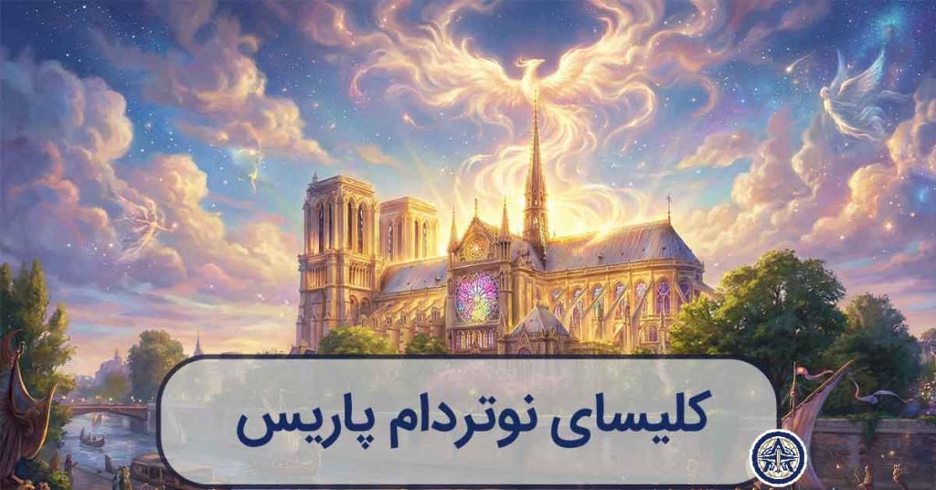 تصویرسازی هنری و جادویی از کلیسای نوتردام که مانند ققنوس از میان نورهای طلایی و جادویی درخشان شده است