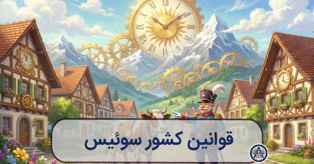 تصویرسازی نمادین از سوئیس با ساعت‌های دقیق، قطارهای منظم و طبیعتی که گویی با خط‌کش طراحی شده است