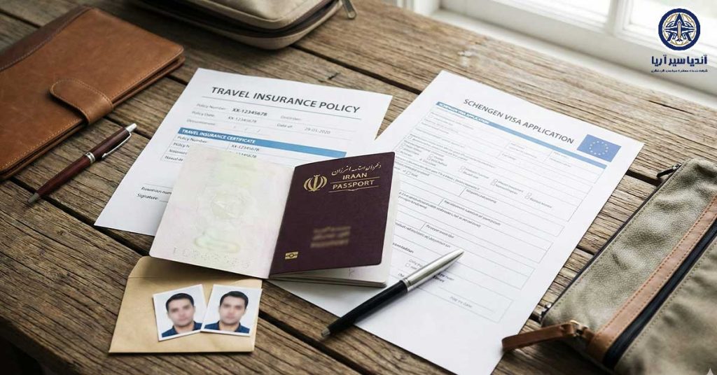 چیدمان مدارک ویزای اسپانیا شامل پاسپورت، فرم و بیمه
