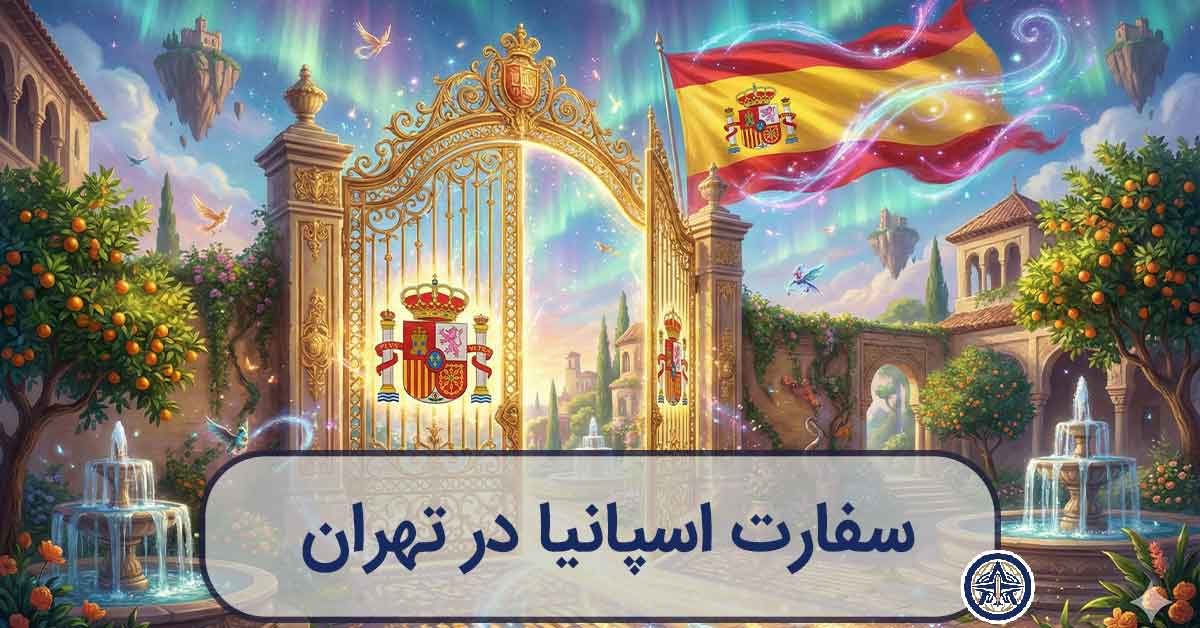تصویرسازی هنری از دروازهای باشکوه با پرچم اسپانیا که نماد ورود قانونی و دیپلماتیک است