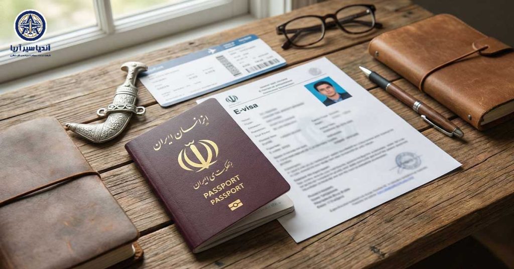 چیدمان مدارک ویزای عمان شامل پاسپورت و عکس روی میز