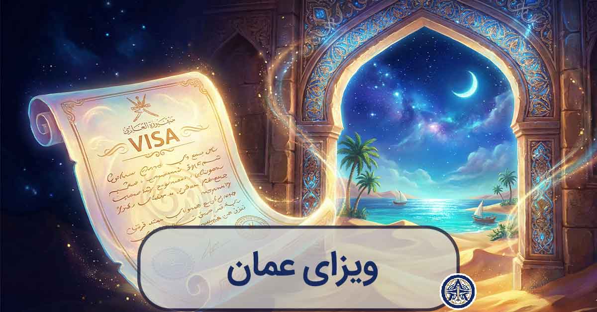 تصویرسازی هنری از ویزای عمان که به شکل یک دروازه عربی به سوی کویر و دریا باز میشود