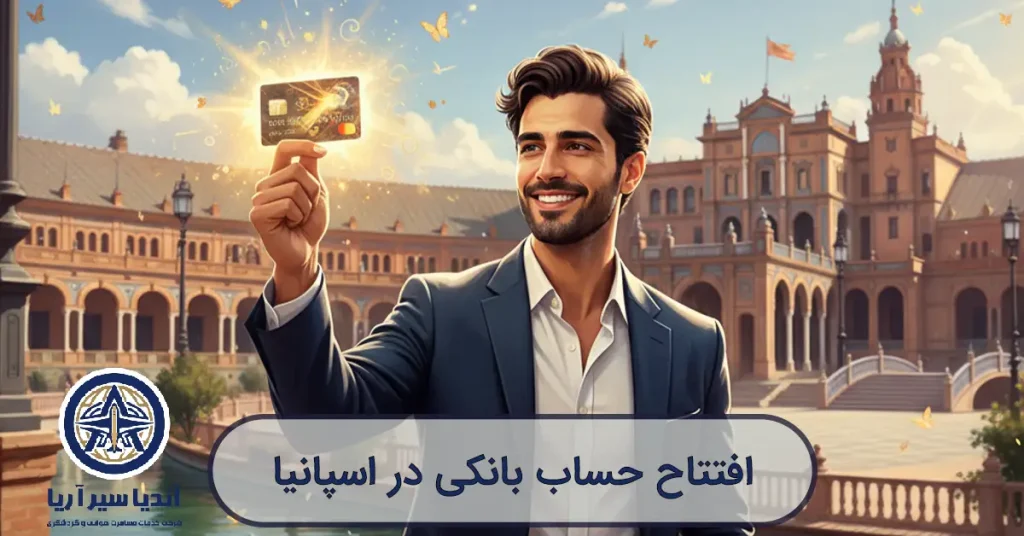 تصویرسازی یک فرد ایرانی که با موفقیت کارت بانکی اسپانیایی خود را دریافت کرده است