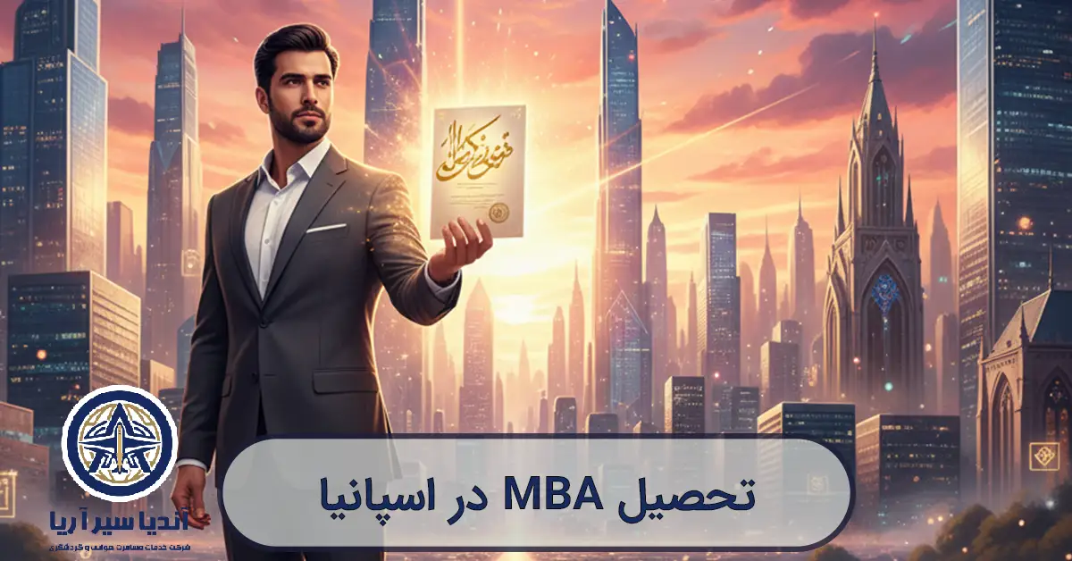 تصویرسازی هنری از یک متخصص ایرانی که با مدرک MBA خود به سوی آینده شغلی درخشان در اروپا قدم برمی‌دار