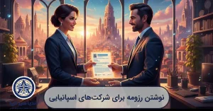 تصویرسازی یک متخصص ایرانی که رزومه درخشانی را به یک مدیر اسپانیایی ارائه می‌دهد.
