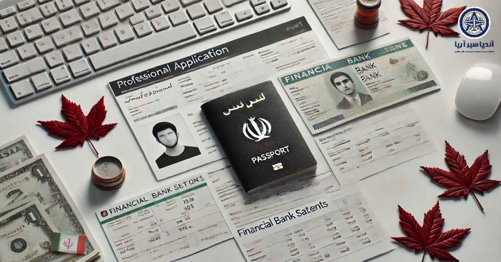 چیدمان منظم مدارک ویزای کانادا شامل پاسپورت و ترجمه مدارک